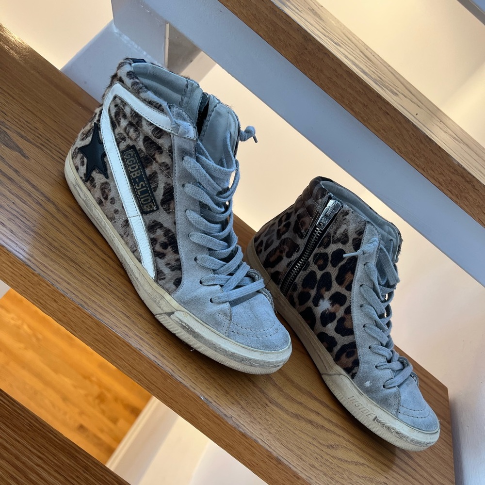 Golden Goose Slides, grey leather and leopard. Good used condition.